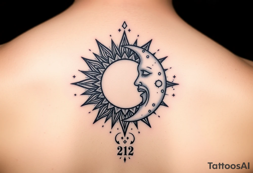 celestial sun and moon embrace with constellation patterns with 222 tattoo idea celestial sun and moon embrace with constellation patterns with 222 tattoo idea