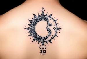 celestial sun and moon embrace with constellation patterns with 222 tattoo idea