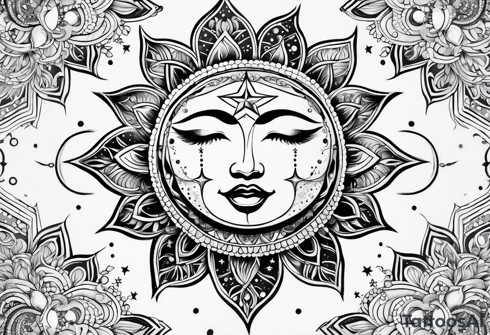 Feminine Sun and moon. long rectangular sternum swirls with dots and stars tattoo idea