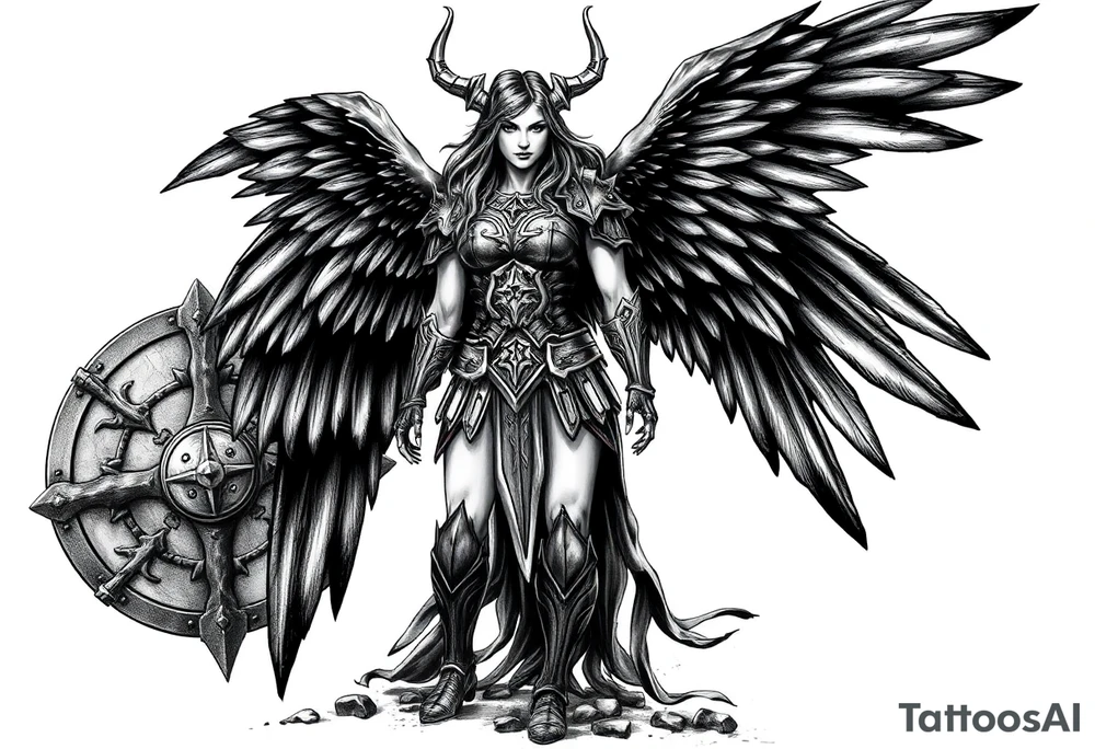 A fierce looking Valkyrie with very big dark wings. The whole body with legs should be visible.
She has armor.

In the background there is a viking shield on the left side and a vegvisir symbol on the right tattoo idea