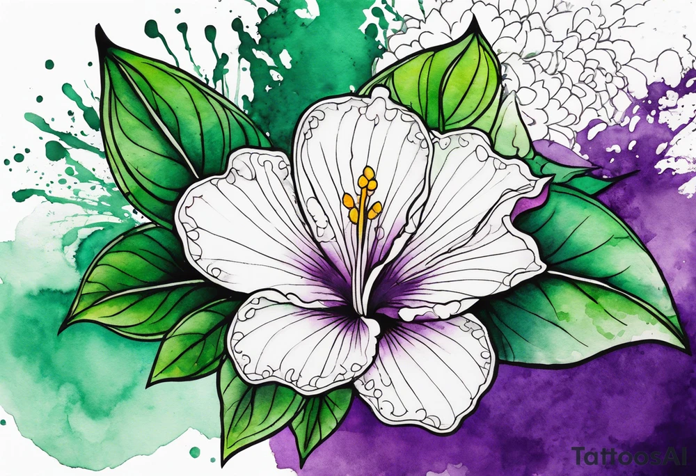 A mystical outline of a rio dipladenia flower and a green/purple watercolor splash in the background tattoo idea