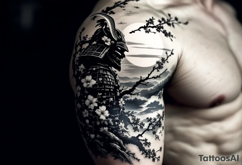 noble samurai warrior silhouette at sunset with cherry blossoms tattoo idea