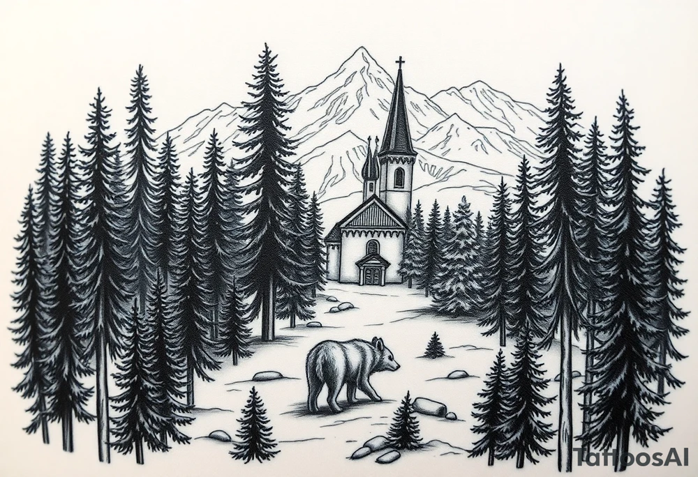 Nature/Landscape

Wolves in a pine forest (extending the tree line you already have)
A Russian bear emerging from the treeline
Snow-capped mountains behind the church scene tattoo idea