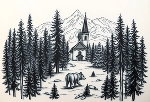 Nature/Landscape

Wolves in a pine forest (extending the tree line you already have)
A Russian bear emerging from the treeline
Snow-capped mountains behind the church scene tattoo idea