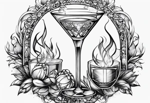 Fire envelops a cocktail glass tattoo idea