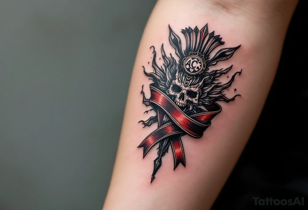 An AC Sparta Praha crest wrapped in a black-and-maroon ribbon, etched on the upper arm. tattoo idea