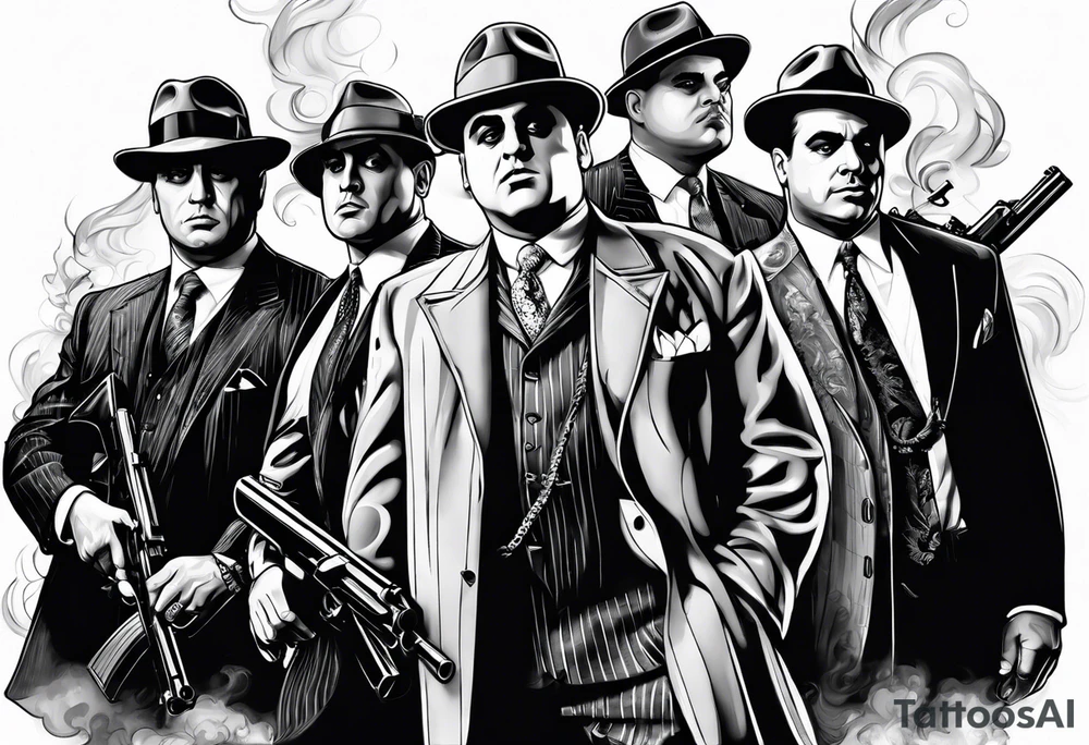 group of gangsters including Al Capone with machine guns surrounded by smoke and fire tattoo idea