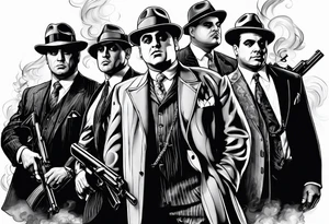 group of gangsters including Al Capone with machine guns surrounded by smoke and fire tattoo idea