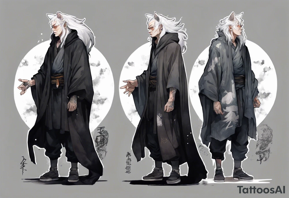 a gaunt man with wolf ears with white hair, grey eyes, and a black cloak standing in the dark tattoo idea