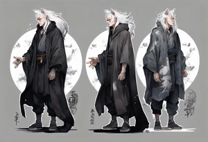 a gaunt man with wolf ears with white hair, grey eyes, and a black cloak standing in the dark tattoo idea