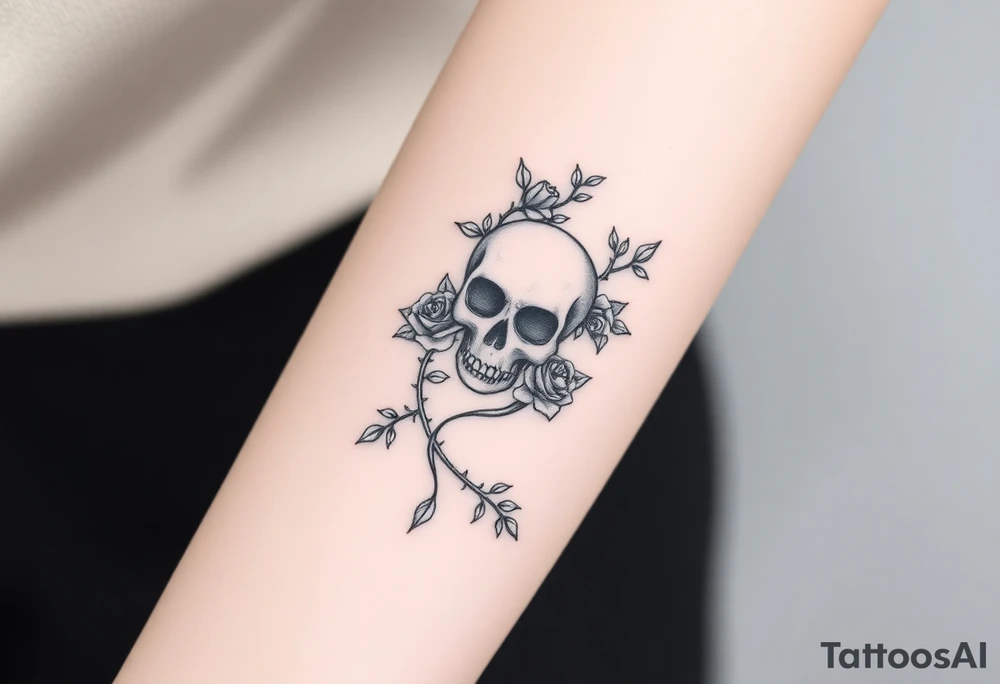 gothic skull intertwined with climbing roses and thorny vines tattoo idea
