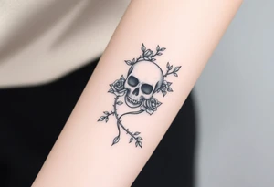 gothic skull intertwined with climbing roses and thorny vines tattoo idea
