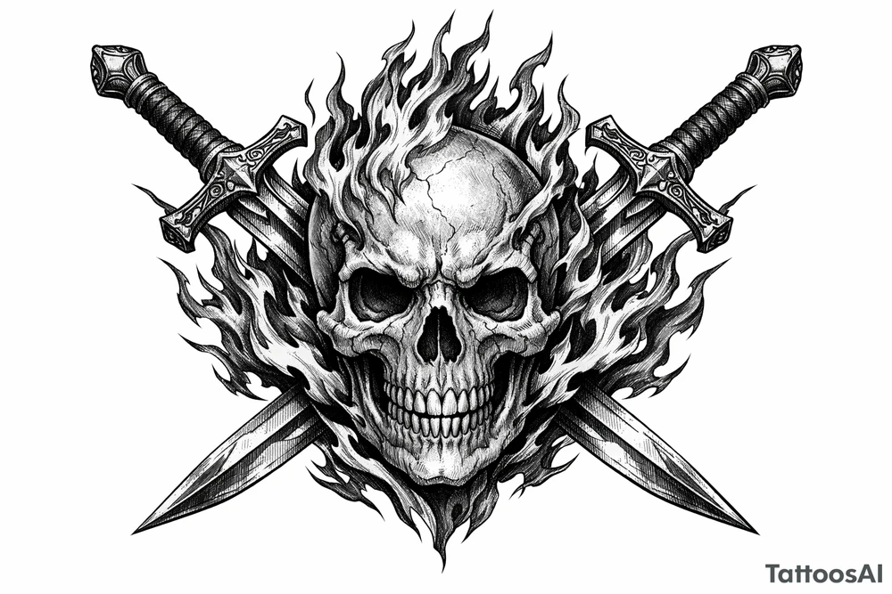 A skull engulfed in stylized, vibrant flames, crossed by two ornate swords. tattoo idea