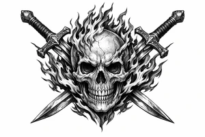 A skull engulfed in stylized, vibrant flames, crossed by two ornate swords. tattoo idea