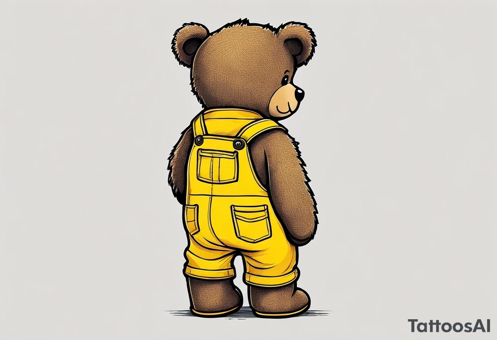 the back of a standing, skinny, brown ,
teddy bear in long, yellow overalls tattoo idea