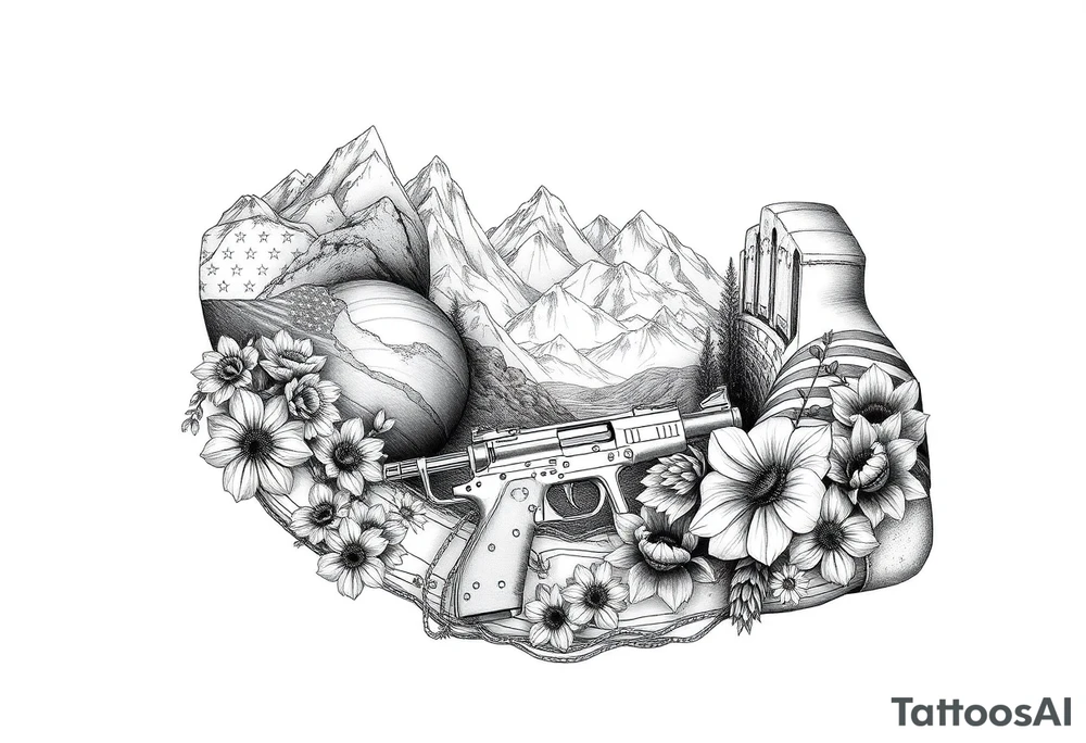 Nature mountains birth flowers, car parts guns American flag river tattoo idea