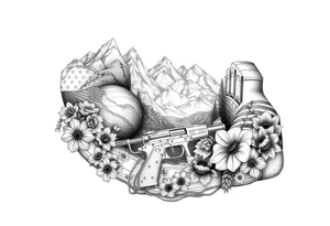 Nature mountains birth flowers, car parts guns American flag river tattoo idea