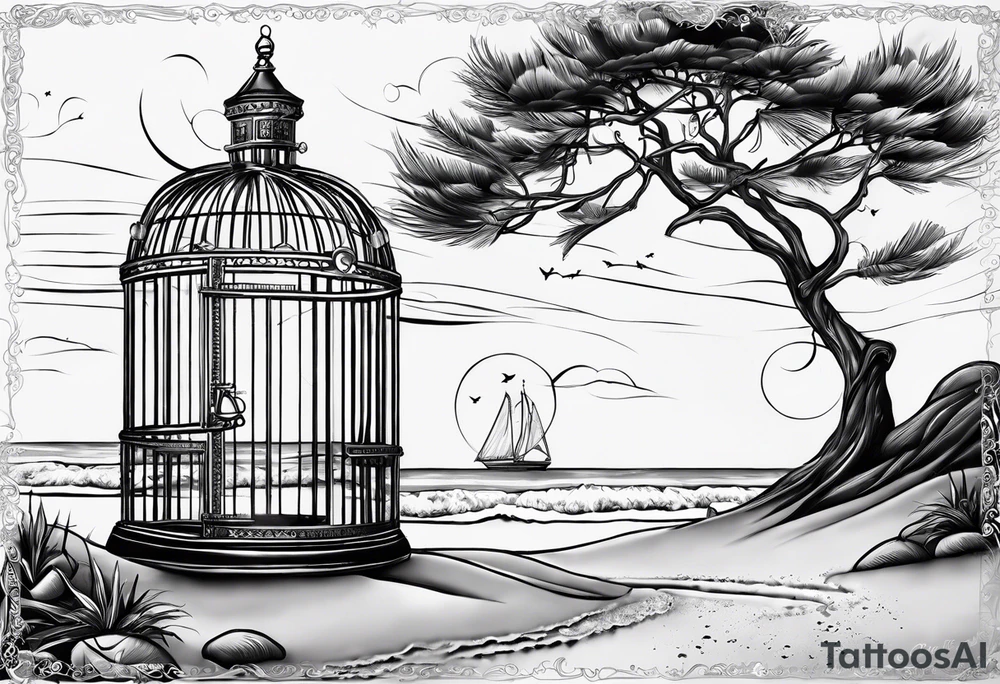 An open birdcage on the Oregon 
beach with the words be free, small enough to be on the wrist tattoo idea