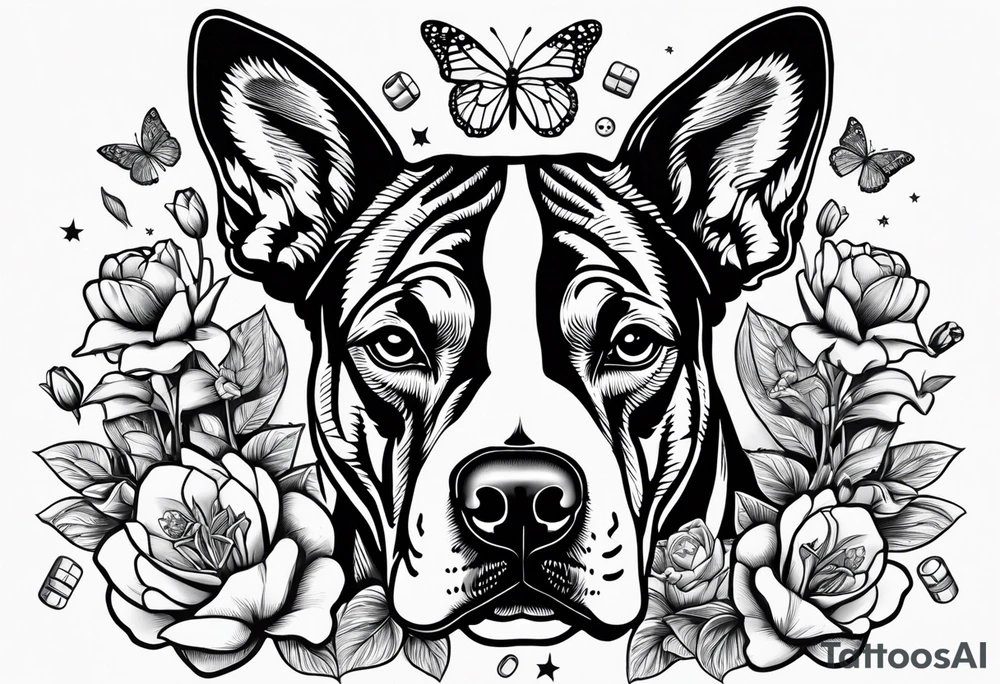 american staffordshire with tulips with a butterfly, with pills, drugs, euro bank notes and currency, vbank cheques, police, walkietalkies tattoo idea