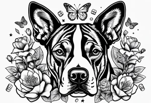 american staffordshire with tulips with a butterfly, with pills, drugs, euro bank notes and currency, vbank cheques, police, walkietalkies tattoo idea