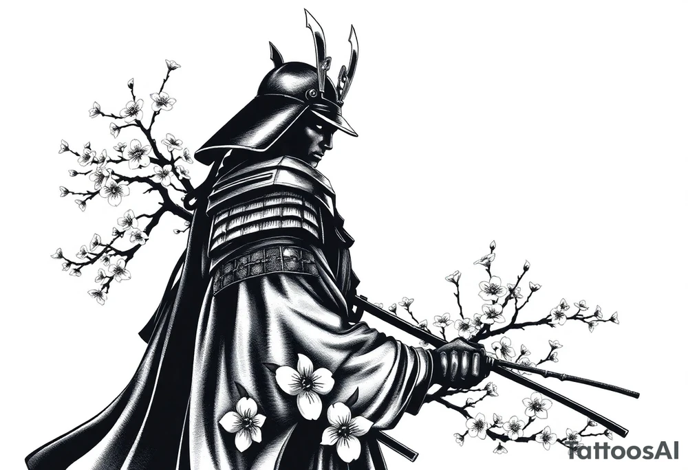 noble samurai warrior silhouette at sunset with cherry blossoms tattoo idea