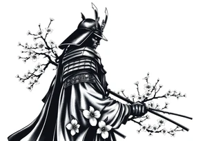 noble samurai warrior silhouette at sunset with cherry blossoms tattoo idea