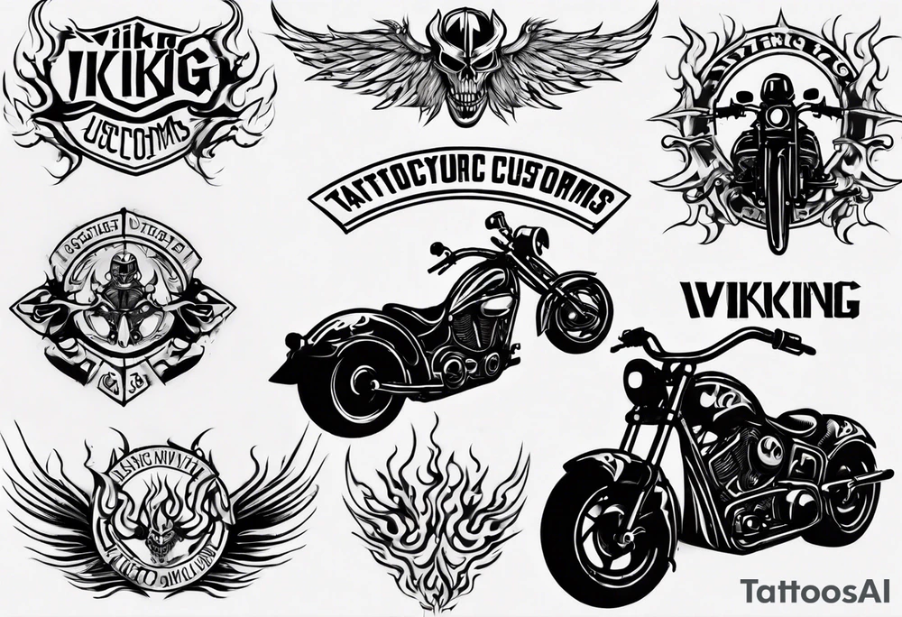 I want a detailed tattoo of a motorcycle surrounded by flames with the company name “Viking Customs” incorporated in the design tattoo idea