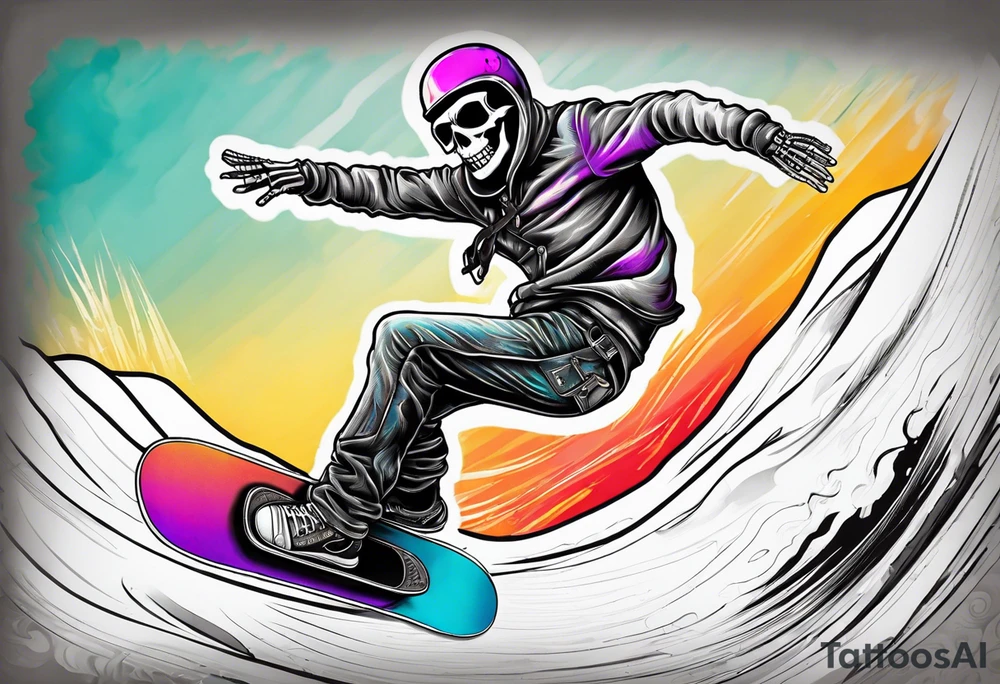 Black and grey skeleton riding a colorful snowboard doing a tail grab with a shot of whiskey in its hand tattoo idea