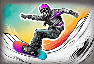 Black and grey skeleton riding a colorful snowboard doing a tail grab with a shot of whiskey in its hand tattoo idea