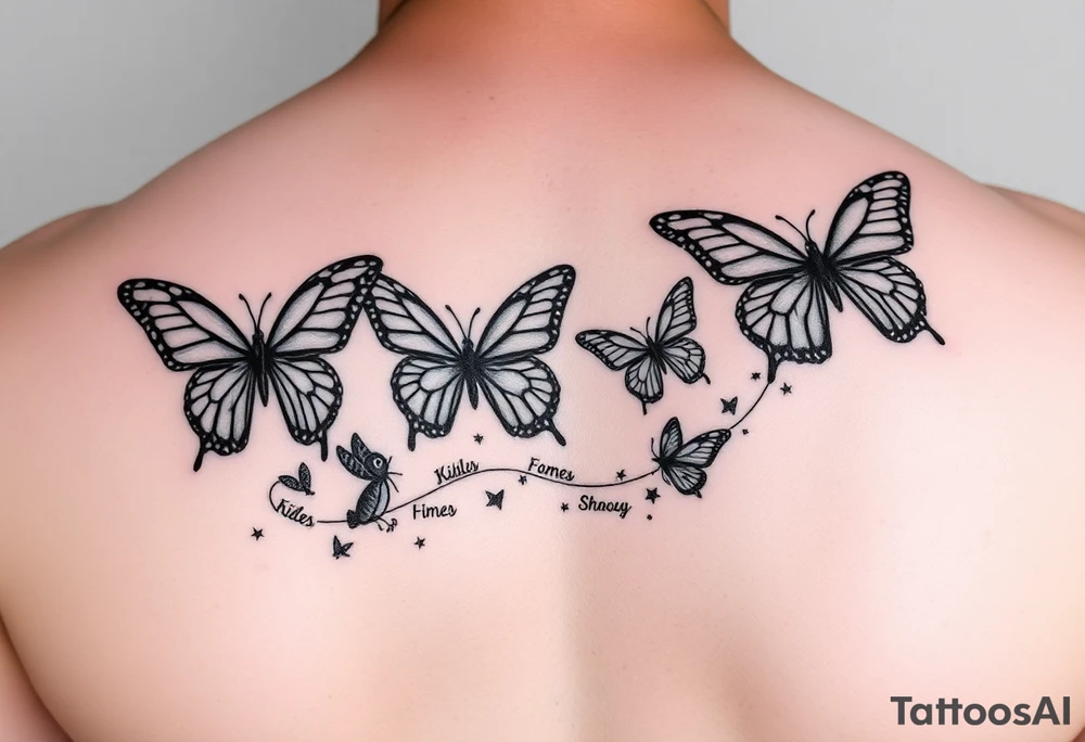 Six Butterflies with kids names streaming down arm tattoo idea