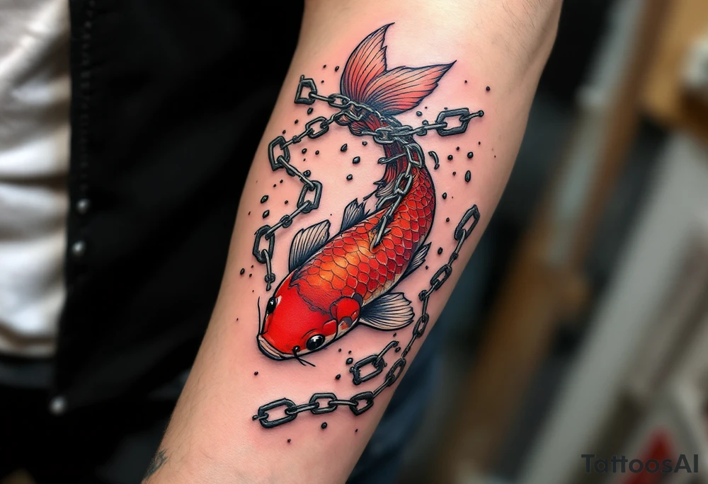 Crimson Koi with Broken Chains – A deep red koi swimming past broken silver chains, symbolizing freedom and breaking personal limits. tattoo idea