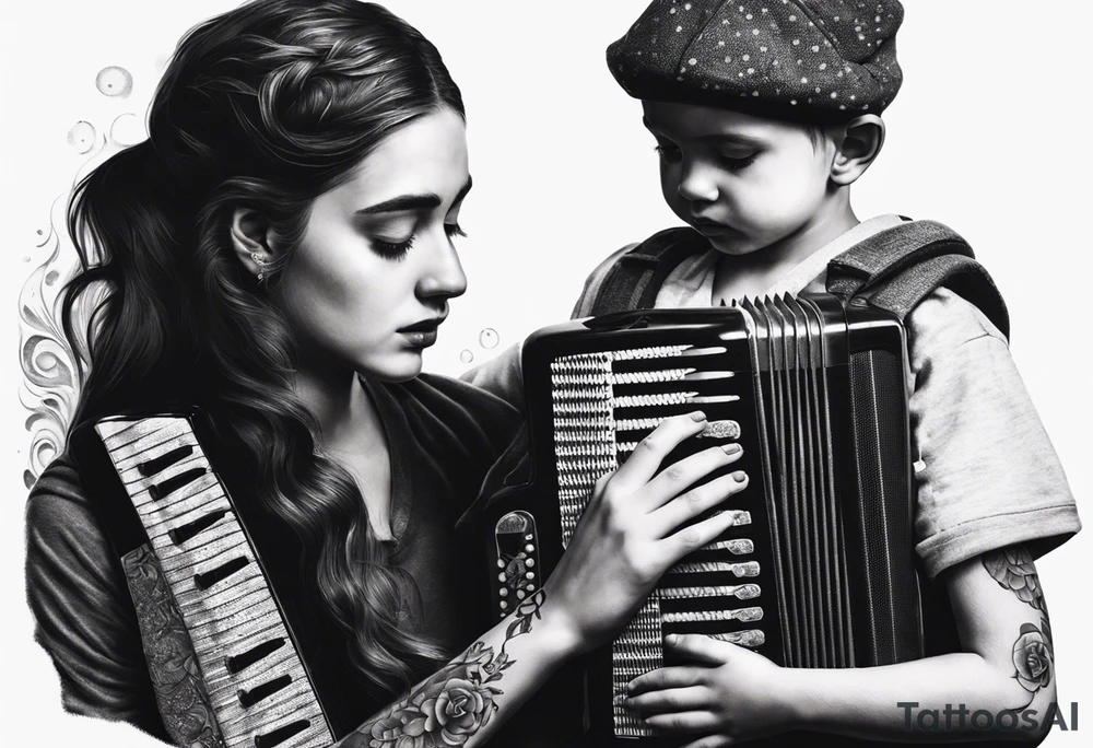 sad man with accordion and his young child girl tattoo idea