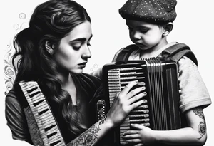 sad man with accordion and his young child girl tattoo idea