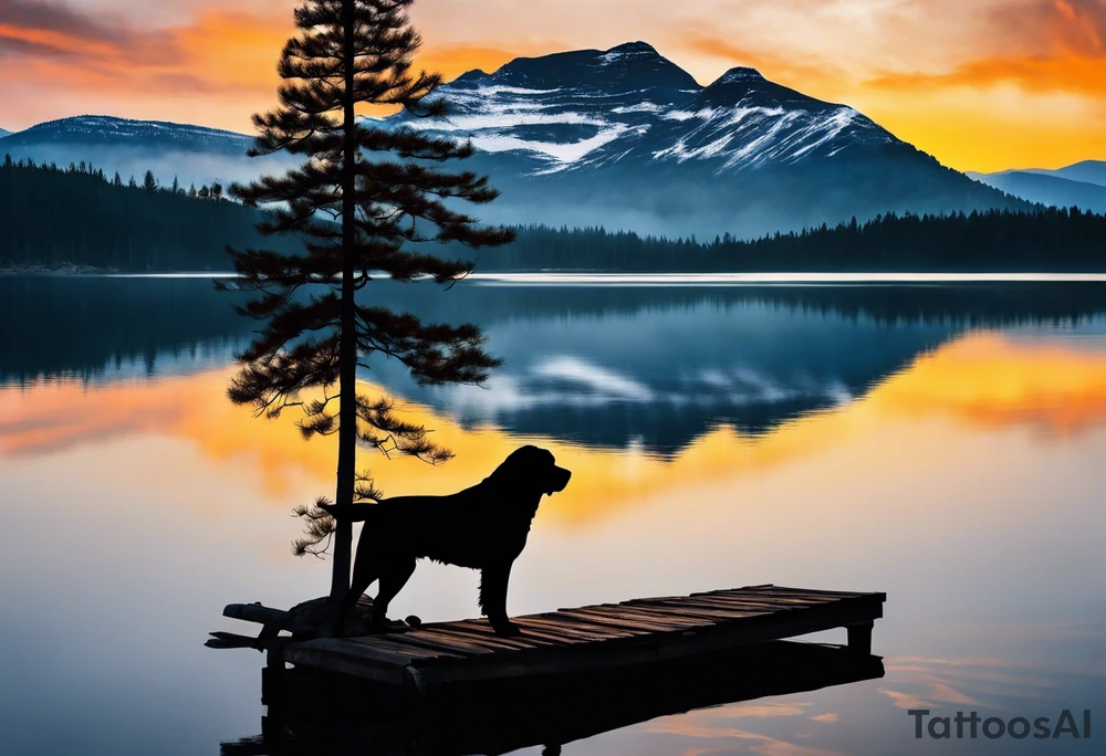 Sleeve tattoo windswept pine tree before lake with low hills on far side of lake. Mastiff silhouette in the foreground. with a dock coming out from the shore. Canadian shield. 
Include the words: "If the sun refused to shine
I would still be loving you
When mountains crumble to the sea
There will still be you and me" tattoo idea