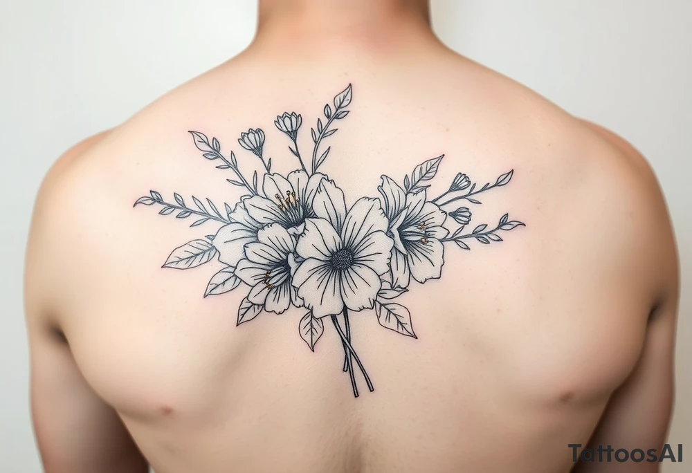 September and 2 may birth flower bouquet fine line tattoo idea