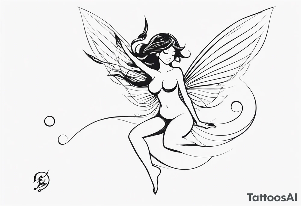 Minimalistic, monochromatic fairy with a tail flying to the left in a fetal position, leaning and looking in the same direction, with visible hands, embodying the 'Fairy Tail' logo aesthetic. tattoo idea