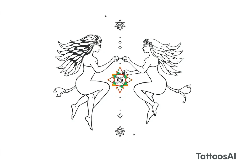 Gemini stars constellation in the sky with sacred geometry and cosmic elements in Egyptian language tattoo idea