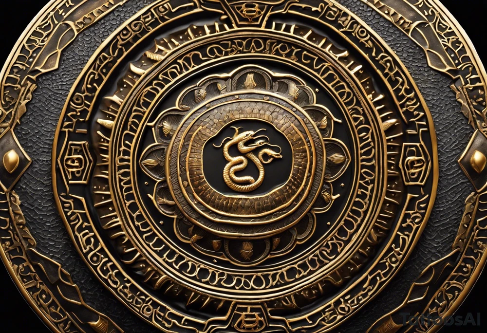 A shield with intricate patterns and engravings, adorned with coiled snakes and scorpions underneath. Rays of light emanate from the shield, signifying spiritual power.Contrast: Bold outlines for the shield and creatures, with detailed patterns.
Detail: Delicately depict the scales of snakes and the segmented bodies of scorpions. tattoo idea