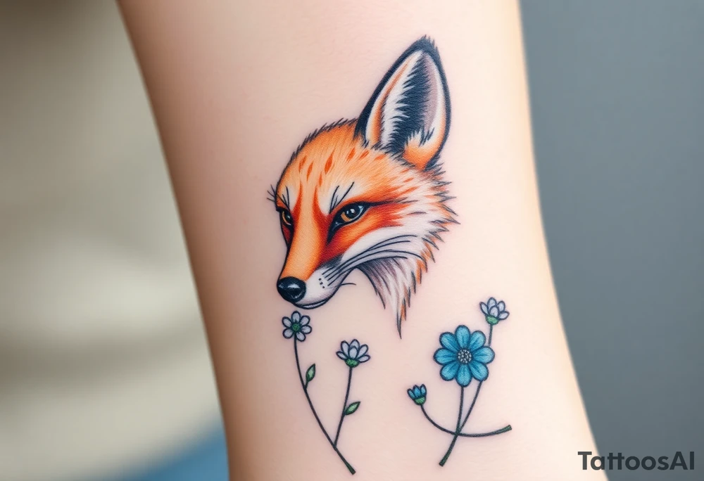 adult fox with blue jewelry smelling wild flowers tattoo idea