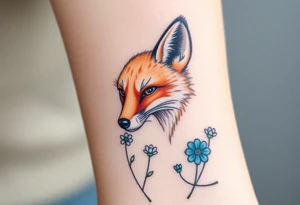 adult fox with blue jewelry smelling wild flowers tattoo idea