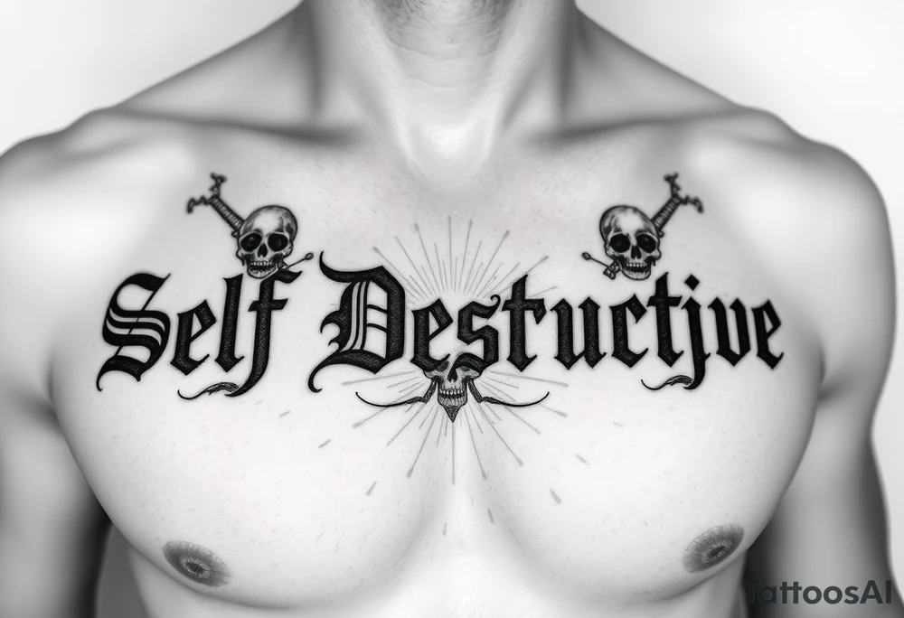 An outline of The words “Self Destructive” in a Chicano/Old English Font across the chest, with lots of shading behind the words and some skulls tattoo idea
