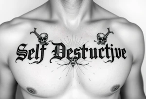 An outline of The words “Self Destructive” in a Chicano/Old English Font across the chest, with lots of shading behind the words and some skulls tattoo idea