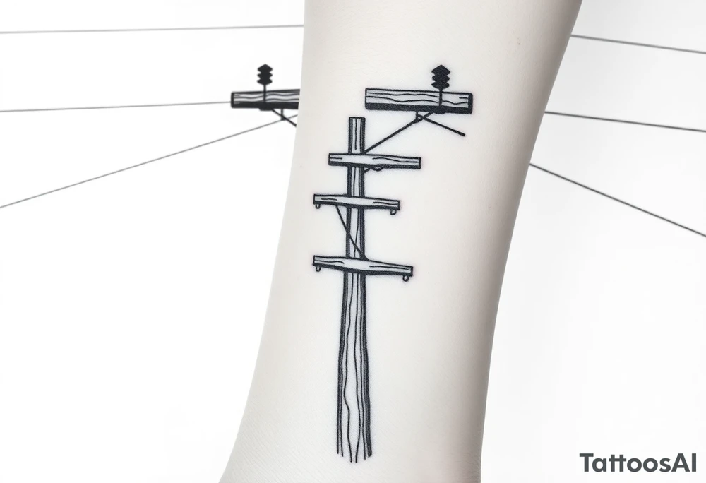 a wooden 12kv distribution pole with electrical lines. Make the pole a cross that has a hidden resemblance to god. tattoo idea