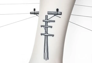 a wooden 12kv distribution pole with electrical lines. Make the pole a cross that has a hidden resemblance to god. tattoo idea