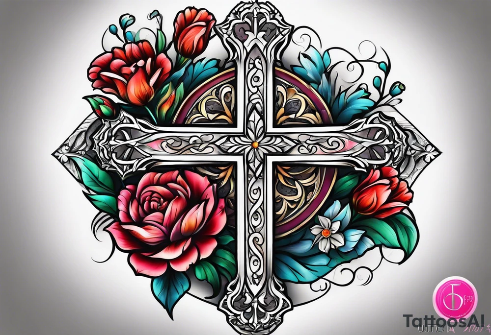 Cross with flowers tattoo idea