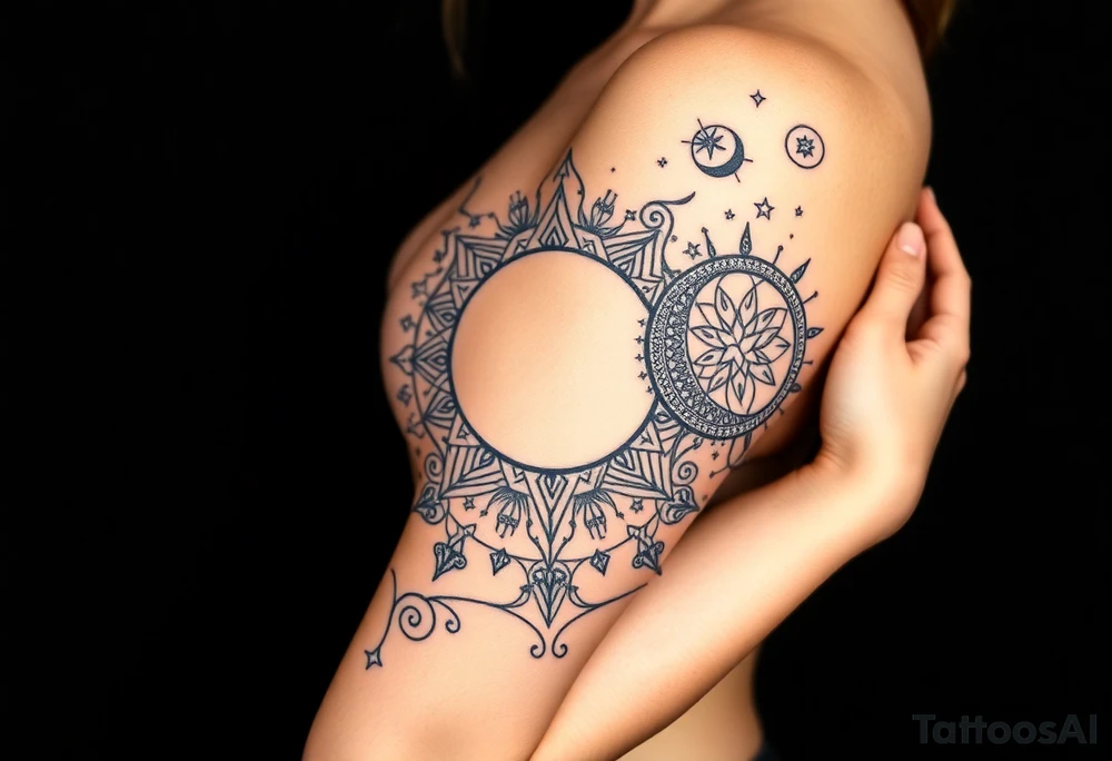 celestial sun and moon with constellation patterns runes in starry sky tattoo idea