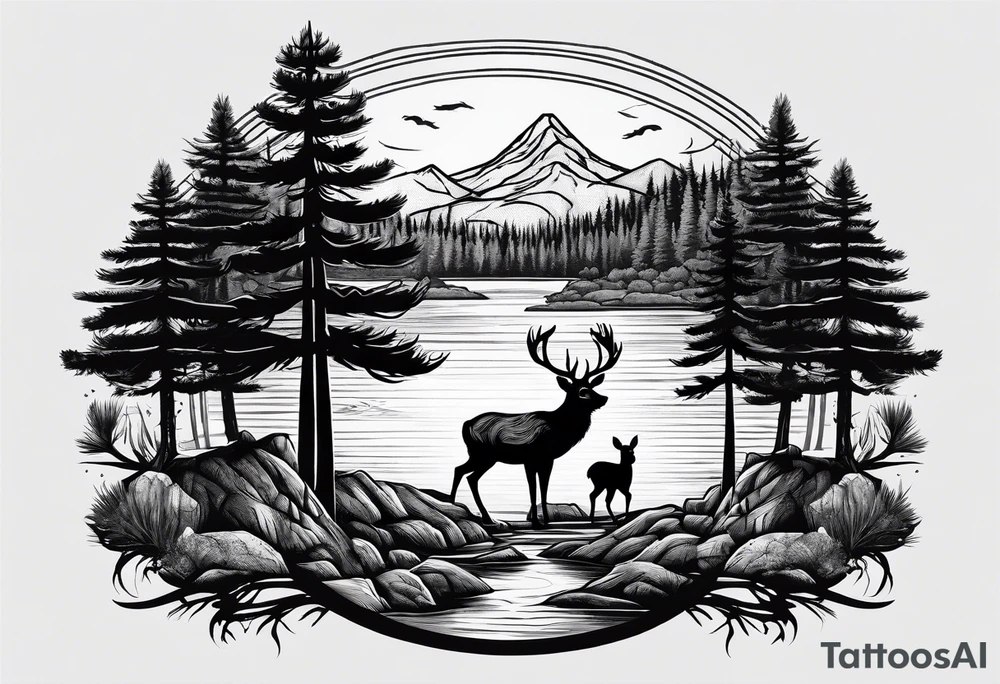 Pine forest with a tent and a buck deer and a river tattoo idea
