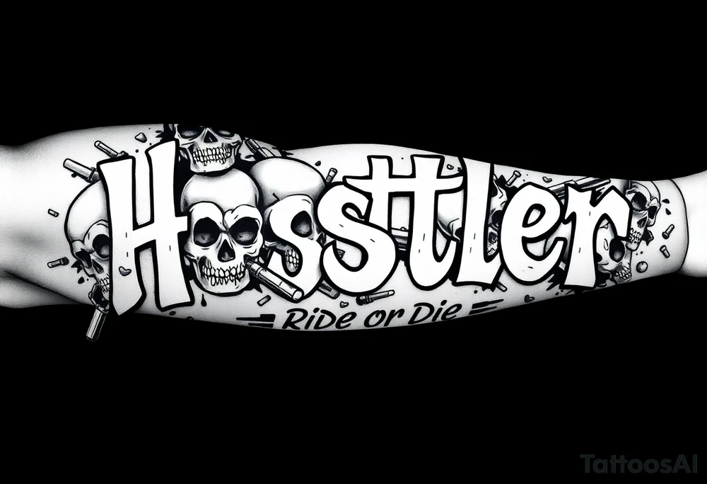 The word "hustler" with dead skulls Hispanic cholas drugs and guns with abstract shades and the name Candice in it with the phrase ride or die filling up a part tattoo idea