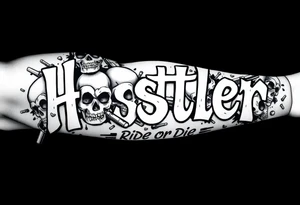 The word "hustler" with dead skulls Hispanic cholas drugs and guns with abstract shades and the name Candice in it with the phrase ride or die filling up a part tattoo idea