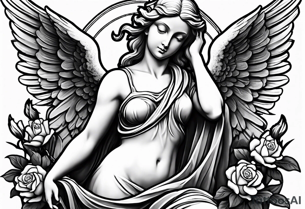 Simple Angel statue stood on a rock with daffodils and roses wrapped around its legs tattoo idea